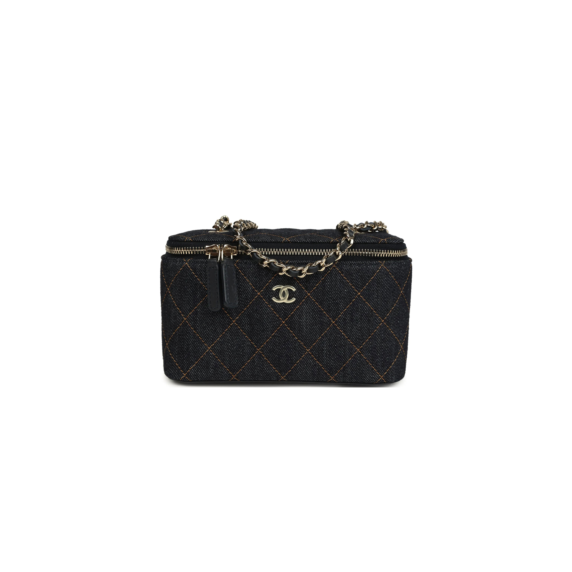 CHANEL MASTER SMALL CLASSIC VANITY CASE DARK BLUE DENIM LIGHT GOLD HARDWARE (17*9.5*8cm) 